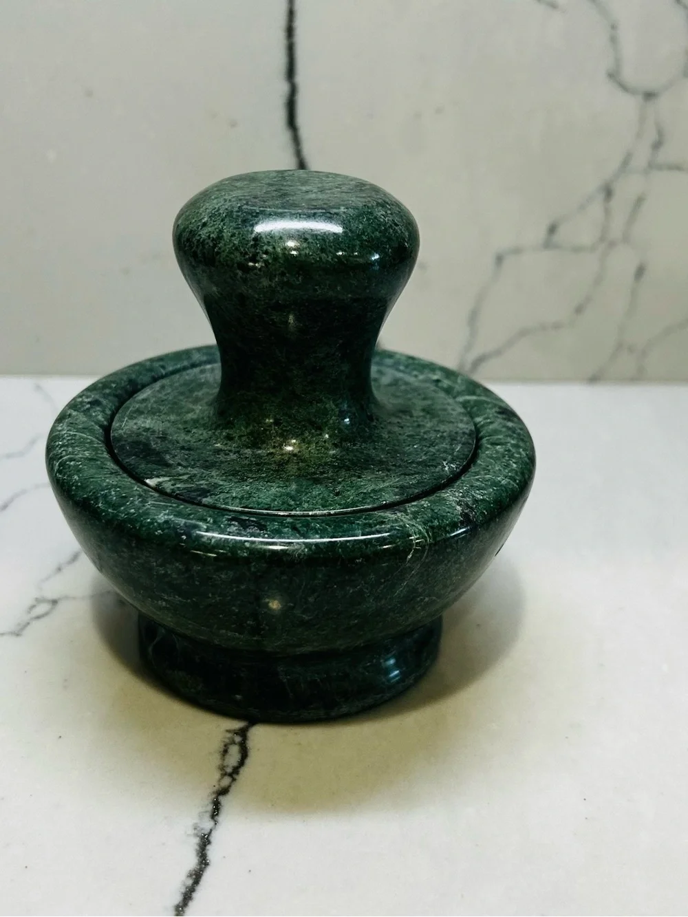 Vintage Mushroom Green Marble Stone Mortar and Pestle